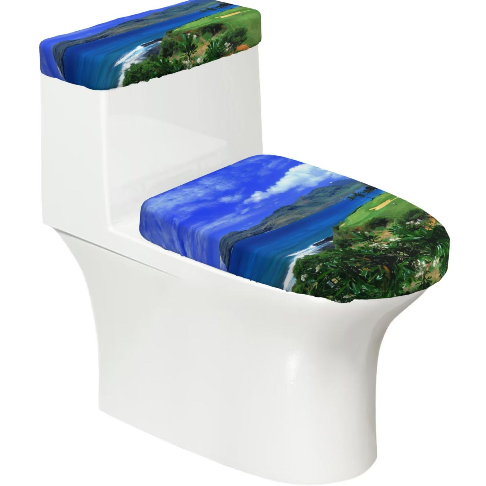 Wzycwb Black Scenic Hawaii Golf Tropical 2-Piece Toilet Seat Cover Set With Tank Lid, Elastic Fit For U-Shape & Elongated Toilets, Bathroom Decor, Housewarming Gift