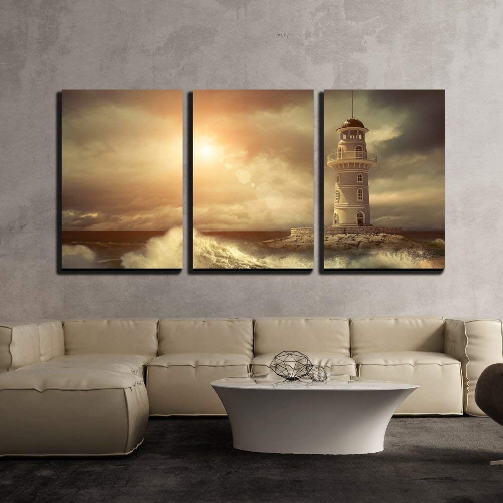 wall26 - 3 Piece Canvas Wall Art - Lighthouse on The Sea Under Sky. - Modern Home Art Stretched and Framed Ready to Hang - 16"x24"x3 Panels