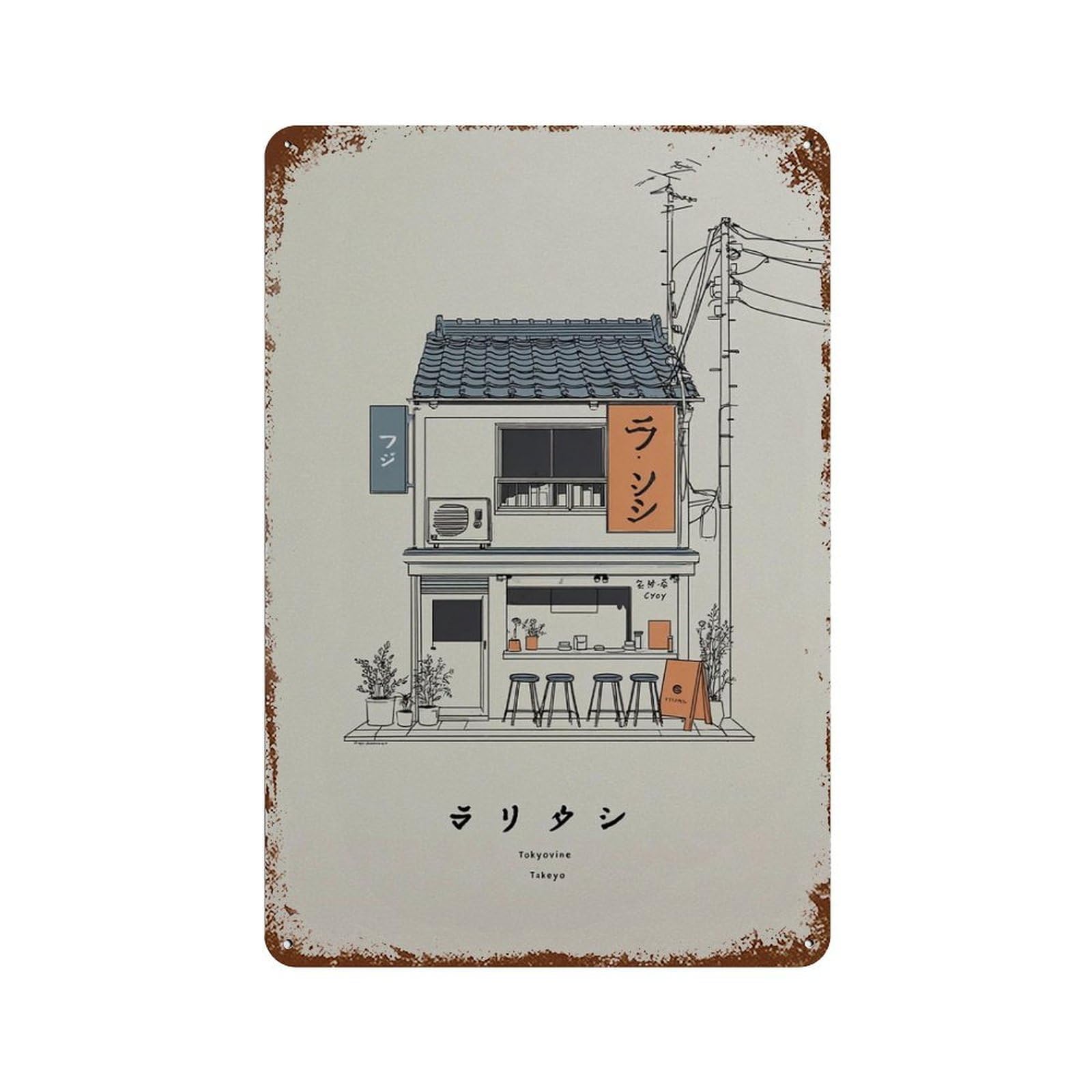xiaoxiaoshen Japanese Ramen Shop Minimalist Tokyo Travel Cafe Sketch Wall Decor Art Metal Tin Poster Modern Home Decor Art Home Bar Shop Decorations Vintage Sign 30x20cm