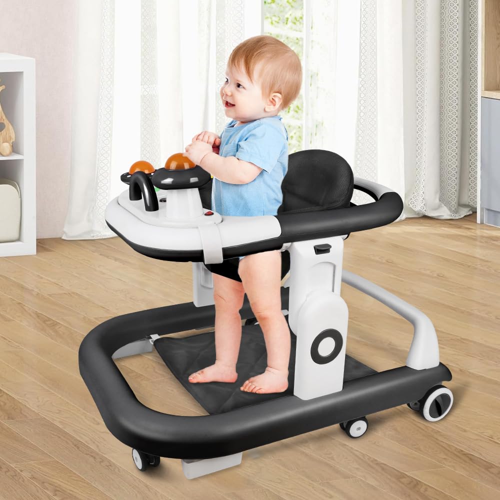 Trotteur Bébé Pliable, 3 Niveaux de Réglage en Hauteur, Boîte Musicale Démontable Transformable en Plateau Repas, 6 Roues Anti-Bascule, Tapis de Pied, Dim 67 * 57 * 46cm (Noir)