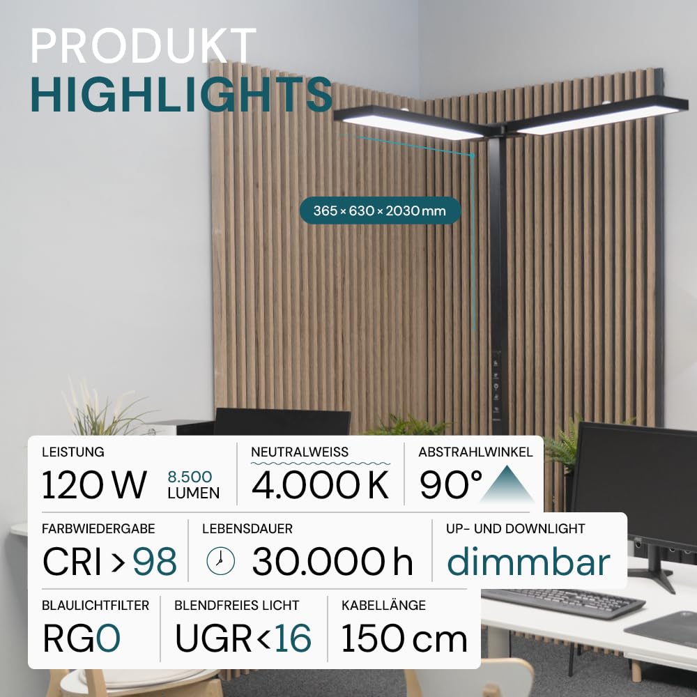 LUXULA LED Büro Stehlampe DUO, dimmbar, CRI>98 Vollspektrum, UGR<16 blendfrei, RG0 Blaulichtfilter, 4000K Neutralweiß, 120W, 8500 lm, schwarz - Arbeitsplatz Stehleuchte Deckenfluter