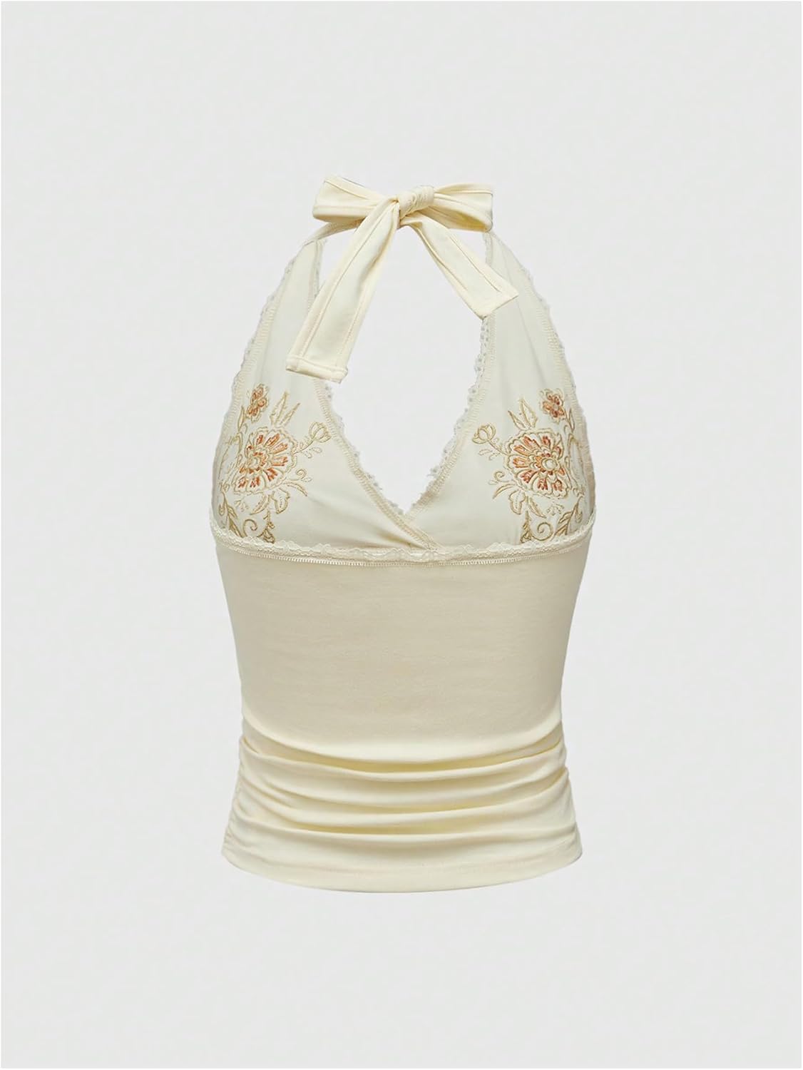 OYOANGLE Women's Y2k Halter Tank Tops Floral Embroidery Bow Lace Trim Ruched Fitted Sleeveless Going Out Top - Image 2