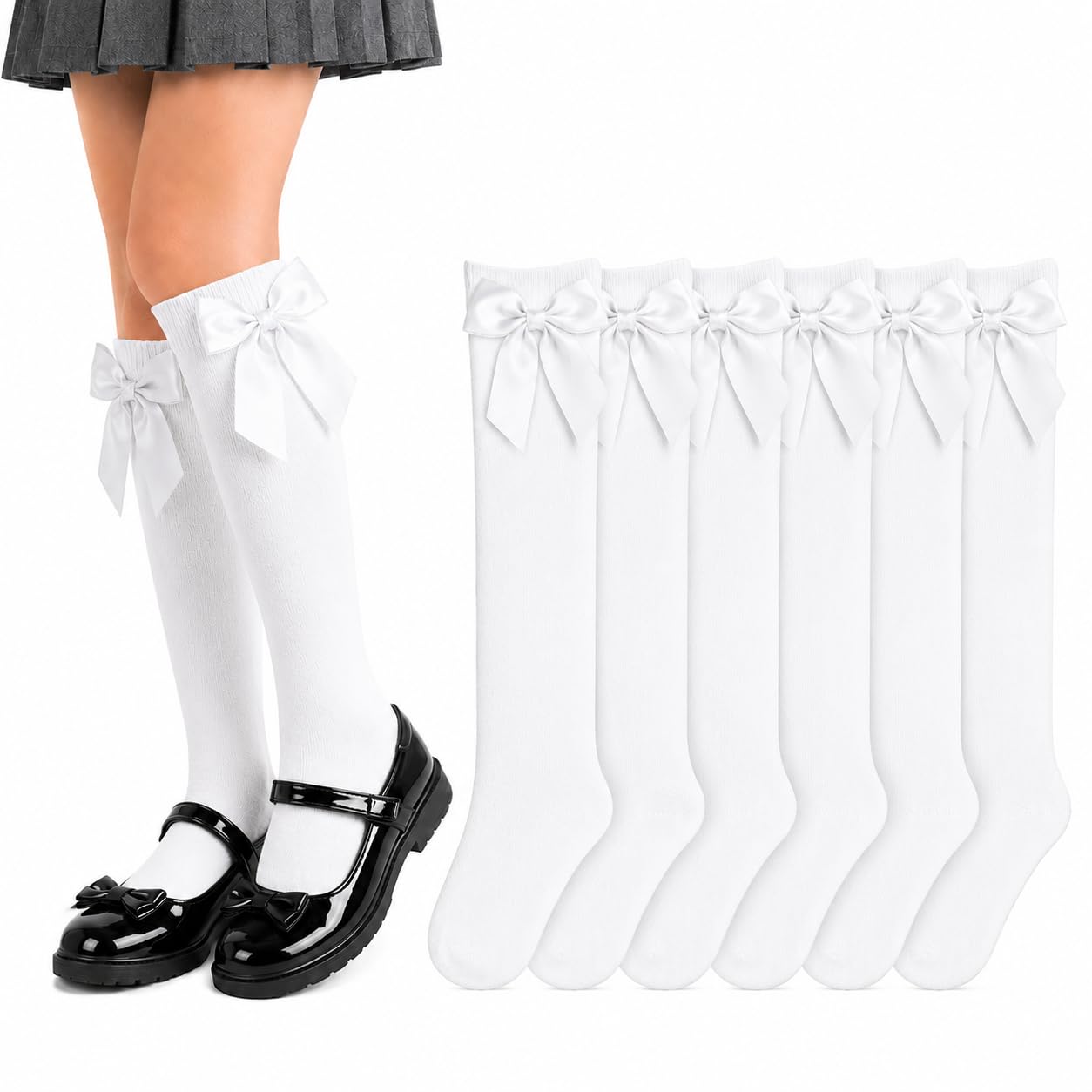 ShopMCR 6 Pack Girls Cotton Knee High Socks – Uniform Long School Socks with Pretty Ribbon Bow, Back to School & Occasion Party Wear (6P, WT, 9-12)