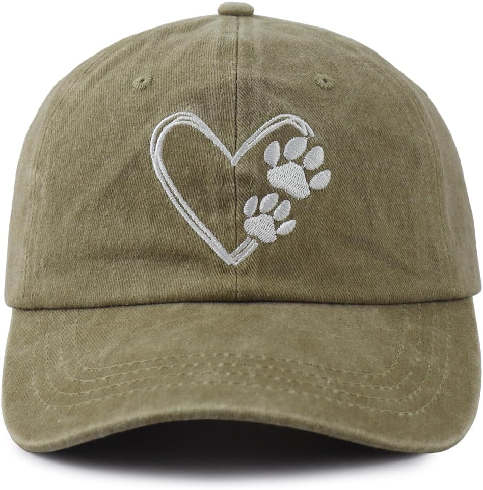 Dog Paw Print with Love Heart Hat for Women Men, Adjustable Embroidered Cotton Dog Lovers Baseball Cap