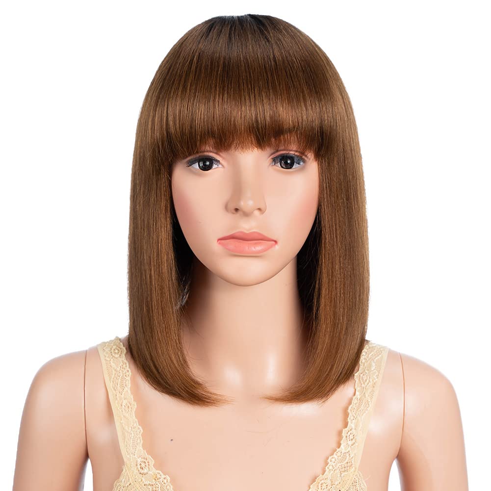 Short Bob Wig with Bangs Human Hair 12 Inch Ombre Brown Short Straight Bob Wig for Black Women Brazilian Virgin Hair Glueless Machine Made Wig Short Bob Wig with Bangs Human Hair 12 Inch Ombre Brown Short Straight Bob Wig for Black Women Brazilian Virgin Hair Glueless Machine Made Wig