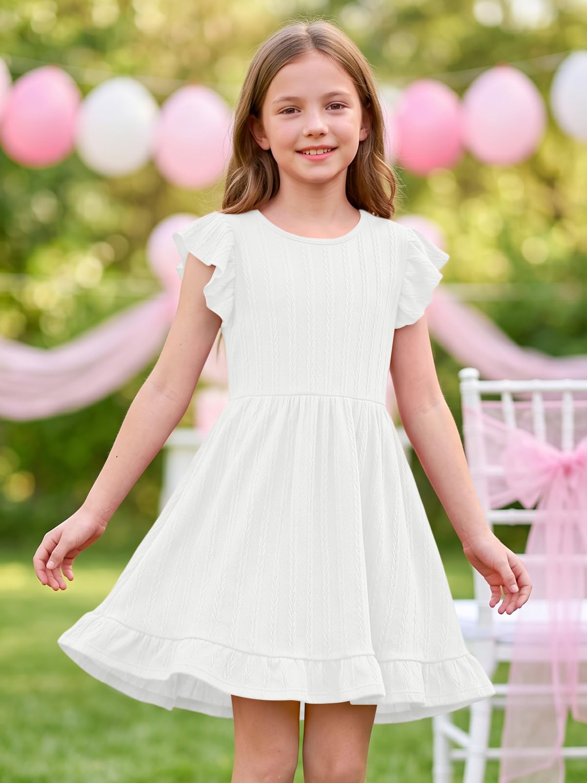 BesserBay Vestito estivo da bambina con volant midi per il ritorno a scuola manica svolazzante casual elastico in vita prendisole con tasche 5-14 anni