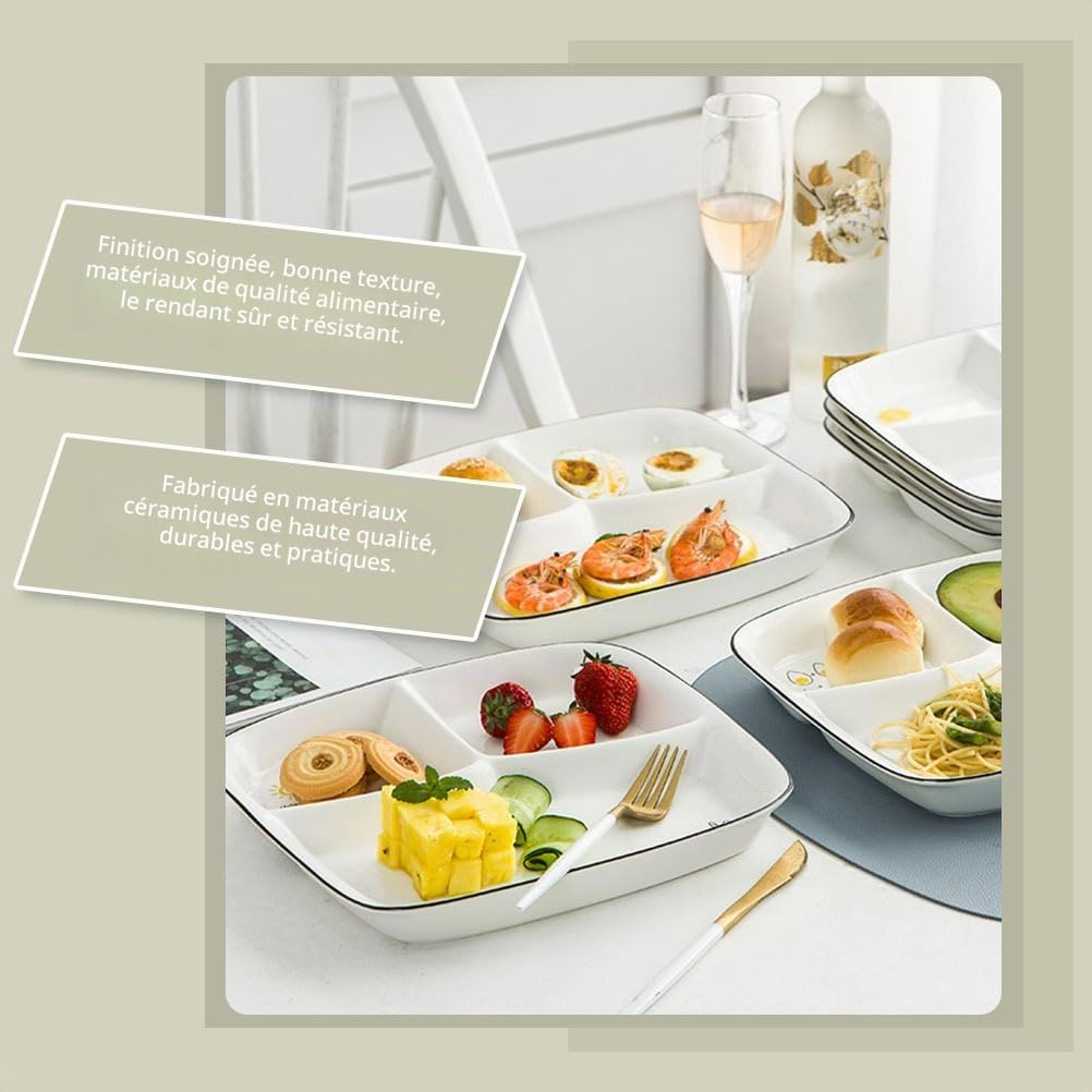 Assiette à petit-déjeuner en céramique avec compartiments – Assiette triple de 25,4 cm pour adultes, assiette divisée en porcelaine pour la maison, les restaurants, les hôtels