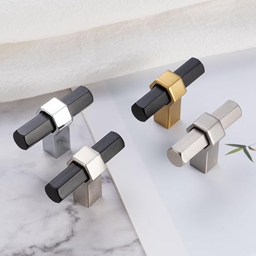 Miniatura 6 de ASKANO AK1310 - Paquete de 5 pomos para gabinete de cocina, color negro y níquel, con barra hexagonal, manija moderna, herrajes sólidos para cajón,