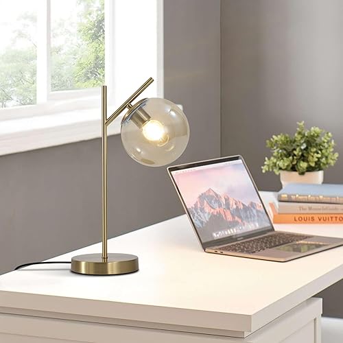 Miniatura 6 de Lámpara de mesa moderna de mediados de siglo, lámpara de mesa de noche con globo dorado con pantalla de vidrio coñac, lámpara de escritorio de latón