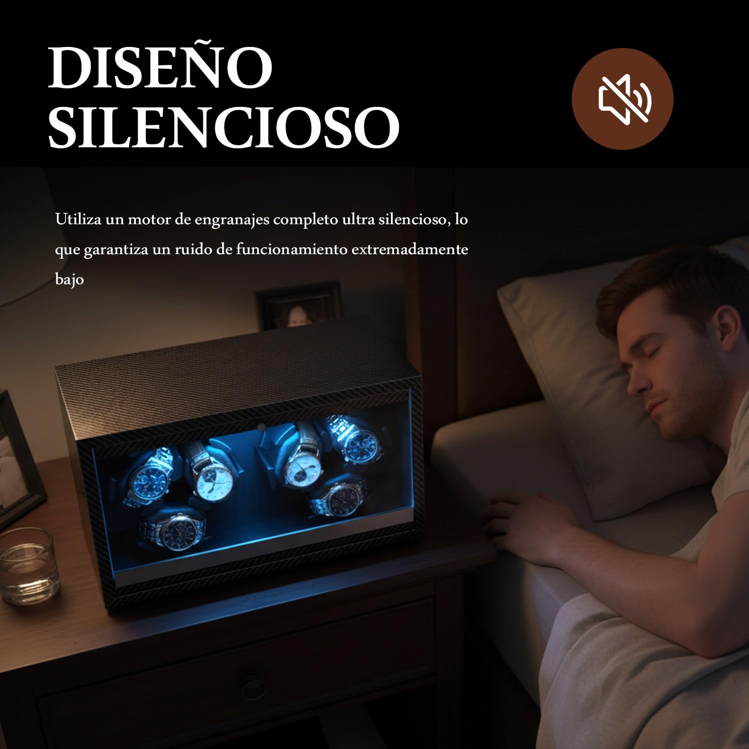 Mcbazel Enrollador Automático de Relojes para 6 Relojes con Luz LED, Motor Ultra-Silencioso Cajas Giratorias 4 Modos de Rotación, Alimentación USB DC Watch Winder de hasta 45 mm