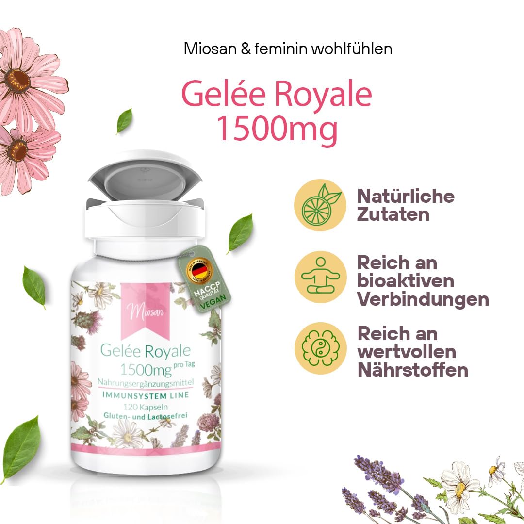 Gelée Royale 1500mg - IMMUNSYSTEM LINE - mit 1500mg davon 60mg 10-HDA - 120 Kapseln - Hochdosiert - 100% Vegan – Herstellung & Laborprüfung in Deutschland | MIOSAN® CLUB - Exklusives Wohlbefinden