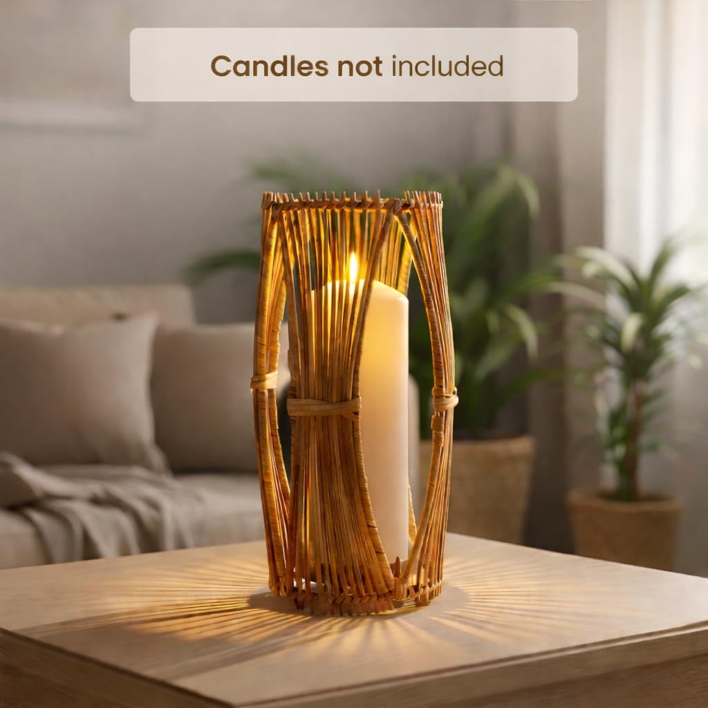 Handmade Boho Rattan Lantern – Decorative Woven Centerpiece for Coffee Table | Indoor Outdoor Patio, Garden, Dining Table, Front Porch | Modern Farmhouse Decor to Enhance Any Space