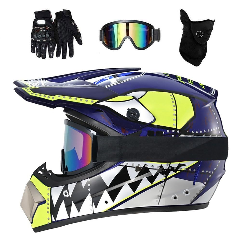 Juventud Niños Casco de Motocross Colocar, con Gafas Guantes Mascarilla, Unisexo Integral Todoterreno Carreras Moto Cascos, Descenso Enduro BMX MTB ATV Quad Dirt Bikes Casco