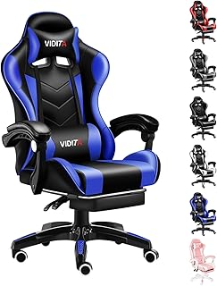 Ergonomischer Gaming Stuhl mit Fußstütze, verstellbarer Gaming Chair mit Lendenkissen, Kopfstütze & 135°Rückenlehne, drehbarer Bürostuhl für Büro, Homeoffice & Zocken mit Komfort,Schwarz & Blau, 150kg