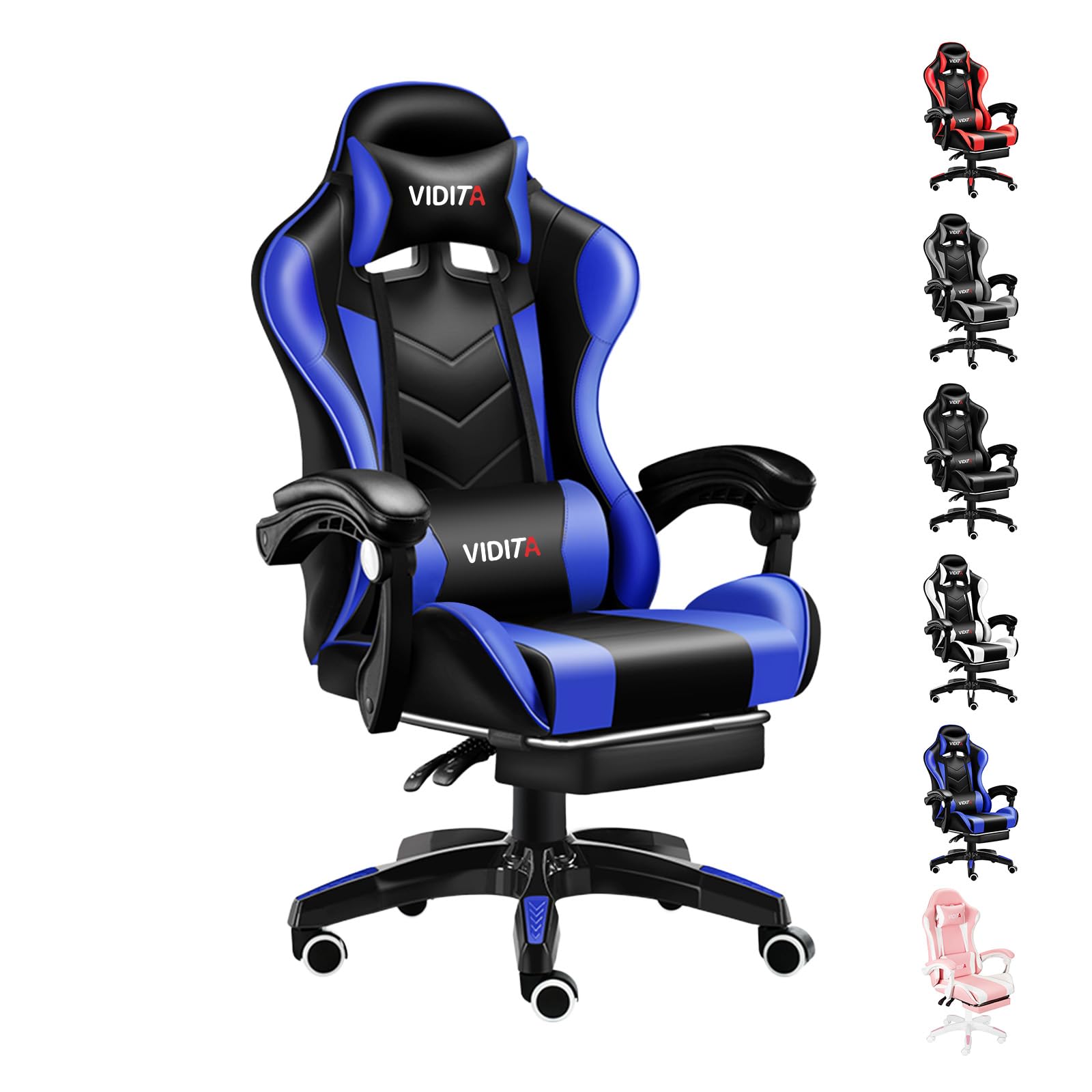 Ergonomischer Gaming Stuhl mit Fußstütze, verstellbarer Gaming Chair mit Lendenkissen, Kopfstütze & 135°Rückenlehne, drehbarer Bürostuhl für Büro, Homeoffice & Zocken mit Komfort,Schwarz & Blau, 150kg