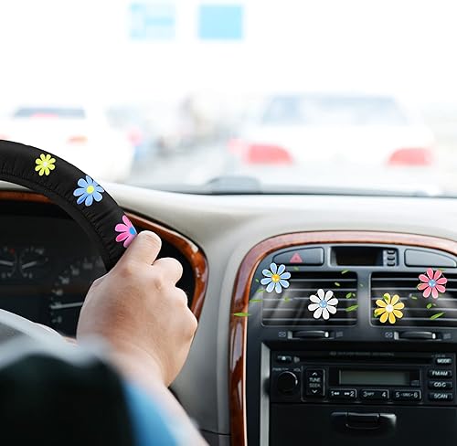 Miniatura 5 de Funda para volante con diseño floral para niñas con 4 piezas de bonitas flores y clips de ventilación de automóvil para mujeres y niñas, decoración