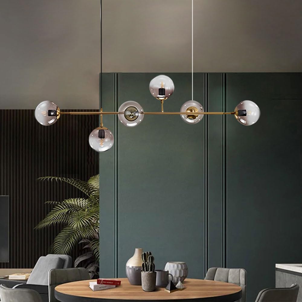 Suspension D'îlot De Cuisine Moderne 130 Cm G45 Lustre Minimaliste Lampe Suspendue Boule De Verre Réglable Éclairage Suspendu À 6 Lumières pour Salle À Manger Salon Cuisine Bureau