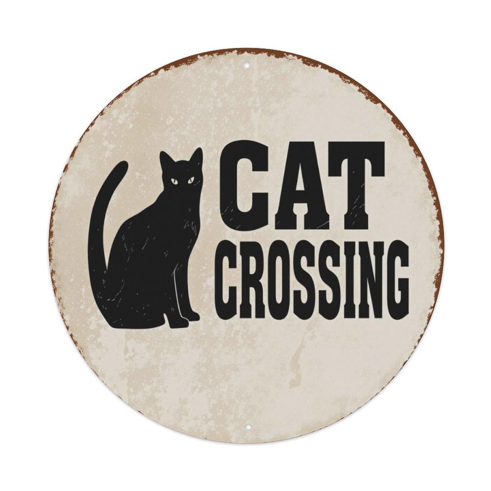 Vintage Cat Crossing Warning Round Sign Vintage Aluminium Metal Sign, Retro Wall Decor for Home, Bar, Garage & Farmhouse 20x20cm