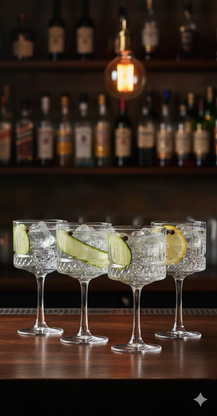 ROZADIO Set of 4 Modern Cut-Glass Stemmed Goblets (500ml) - Textured Highball/Wine Glass - Crystal Look Stemware for Cocktails, Spritzers, and Aperitifs 1