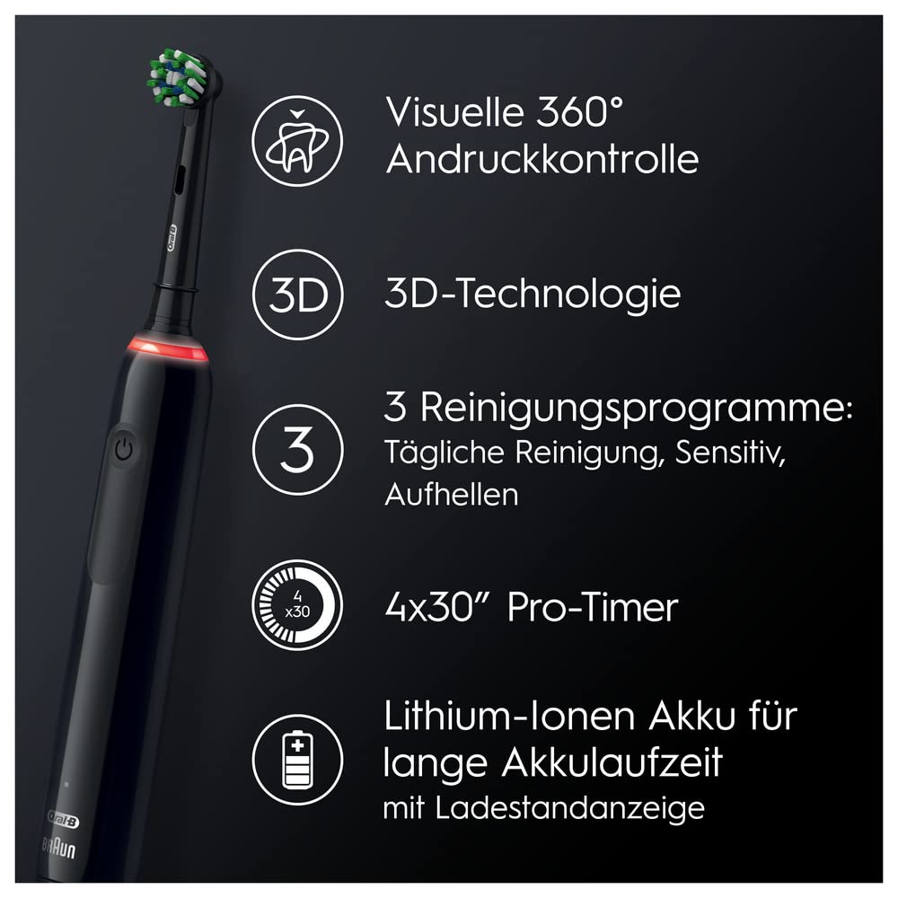 Oral-B Pro Series 3 3500 Elektrische Zahnbürste oder Electric Toothbrush, mit 3 Putzmodi und visueller 360° Andruckkontrolle für Zahnpflege, Reiseetui, Special Edition, Designed by Braun, Schwarz