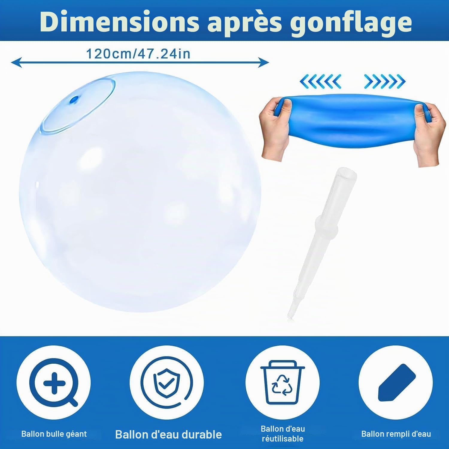 Ballon à bulles gonflable XXL - 120 cm - Transparent - Pour enfants et adultes - Jouet de plage et de jardin - Pour fêtes et loisirs (A)