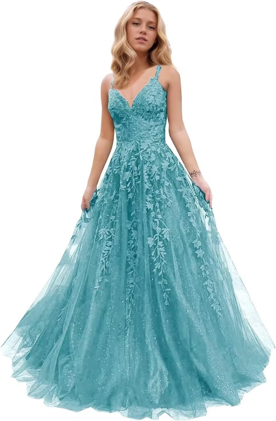 V Neck Glitter Tulle Prom Dresses 2025 Long Sparkly Lace Appliques A Line Formal Evening Party Dress