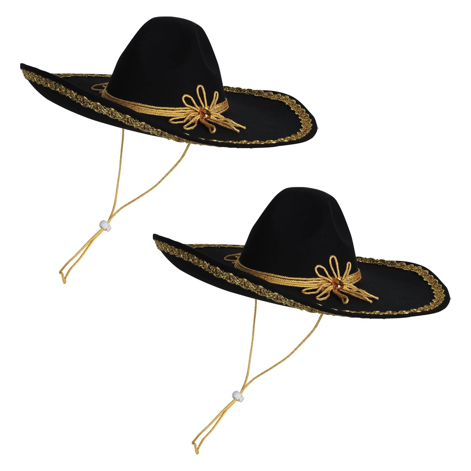 Sombrero feutre Beistle noir brodé d'or avec bord large rigide - Set festif de 2