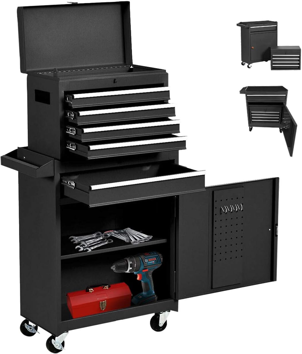 ZAZA 5 Drawers Large Tool Box and Rolling Tool Chest, Lockable Tool chest with Sliding Drawers and Universal Wheels Removable Tool Storage Tool Cabinet, Black
