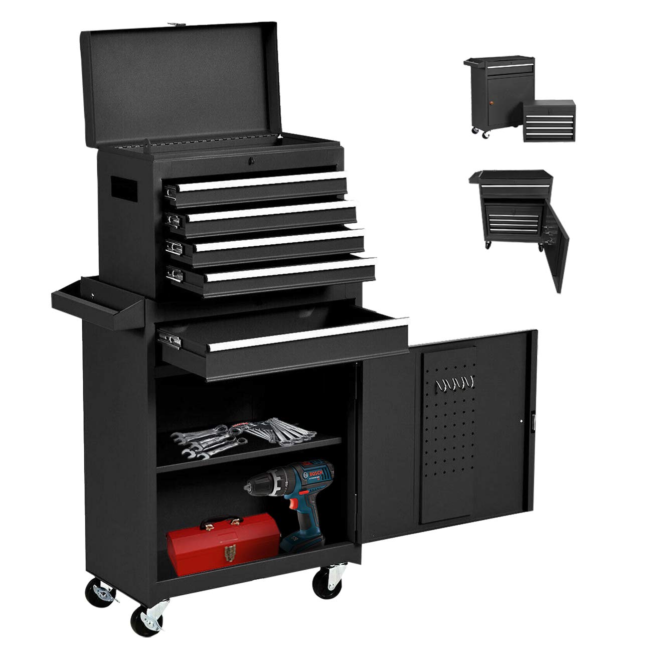ZAZA 5 Drawers Large Tool Box and Rolling Tool Chest, Lockable Tool chest with Sliding Drawers and Universal Wheels Removable Tool Storage Tool Cabinet, Black