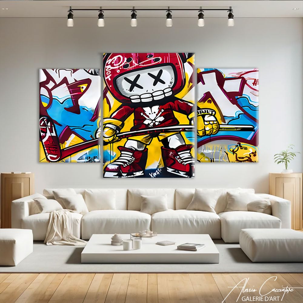 Quadro Street Art Xxl con cornice - Stampa su tela graffiti - Poster decorativo da parete per 3 - Quadro trittico da parete moderno, tela pop art grande formato (100 x 75 cm +2 x 80 x 60 cm)