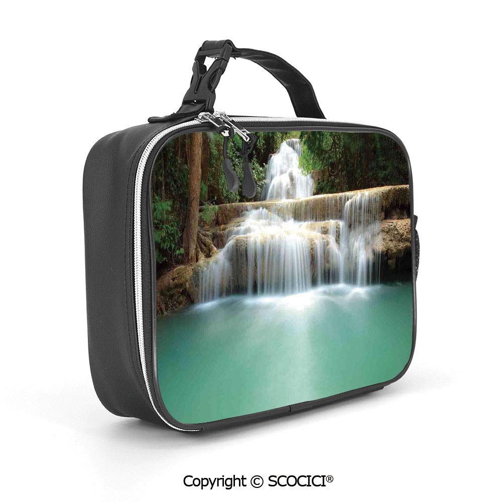 AmaUncle Lunch Bag Falling Stream Waterfall Natural Pond Thailand Vacation Theme Lunch Box Large Capacity Detachable PU Leather Meal Pack,Durable Thermal Lunch Cooler Pack for Boys Men Women