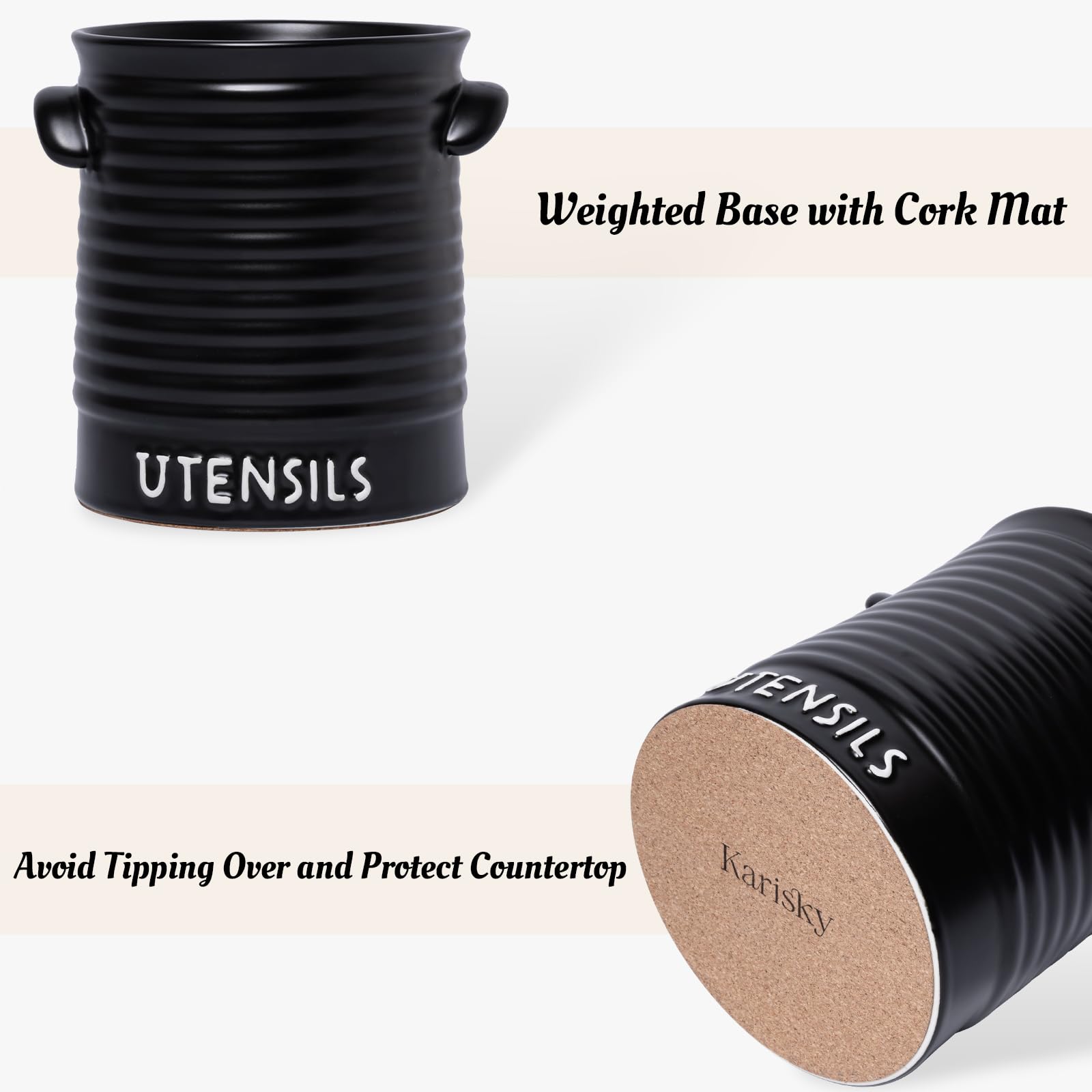 Kitchen Utensil Holder for Countertop, 6.2" Large Ceramic Utensil Crock with Cork Mat, Handles, Modern Cooking Tool Spatula Organizer for Kitchen Counter Decor, Matte Black