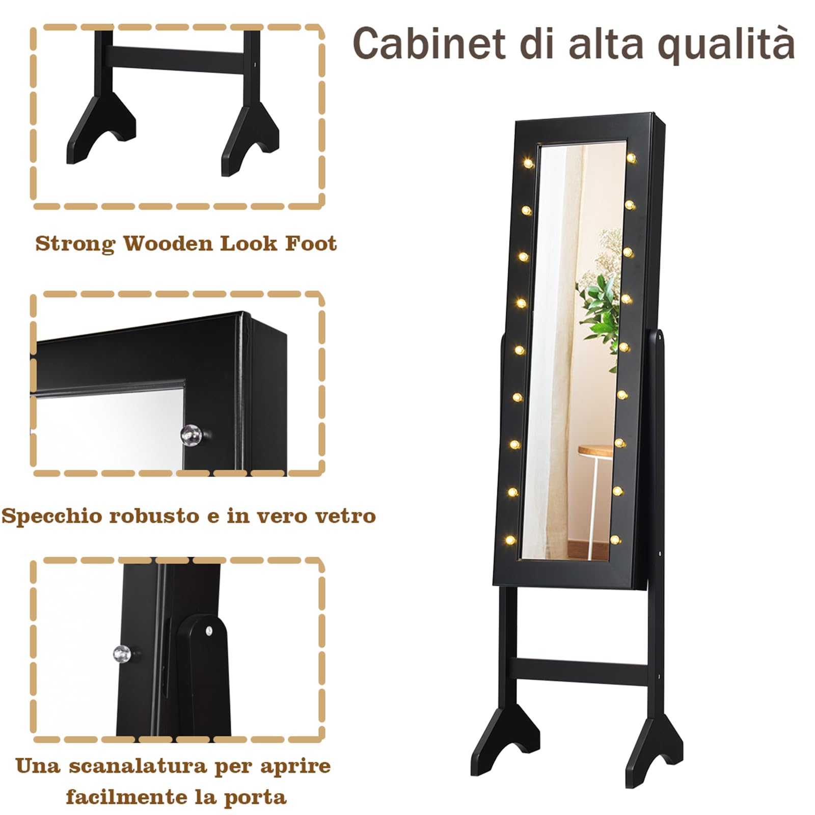 COSTWAY Portagioie Armadietto Specchiera con 18 Luci LED, Specchio a Figura Intera, Organizer per Gioielli Moderno Elegante, 145x35x31,5cm (Nero)