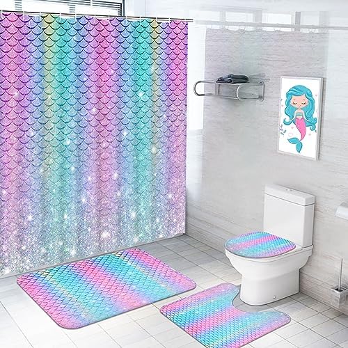 Alishomtll 4 Pcs Mermaid Rainbow Kids Shower Curtain Sets