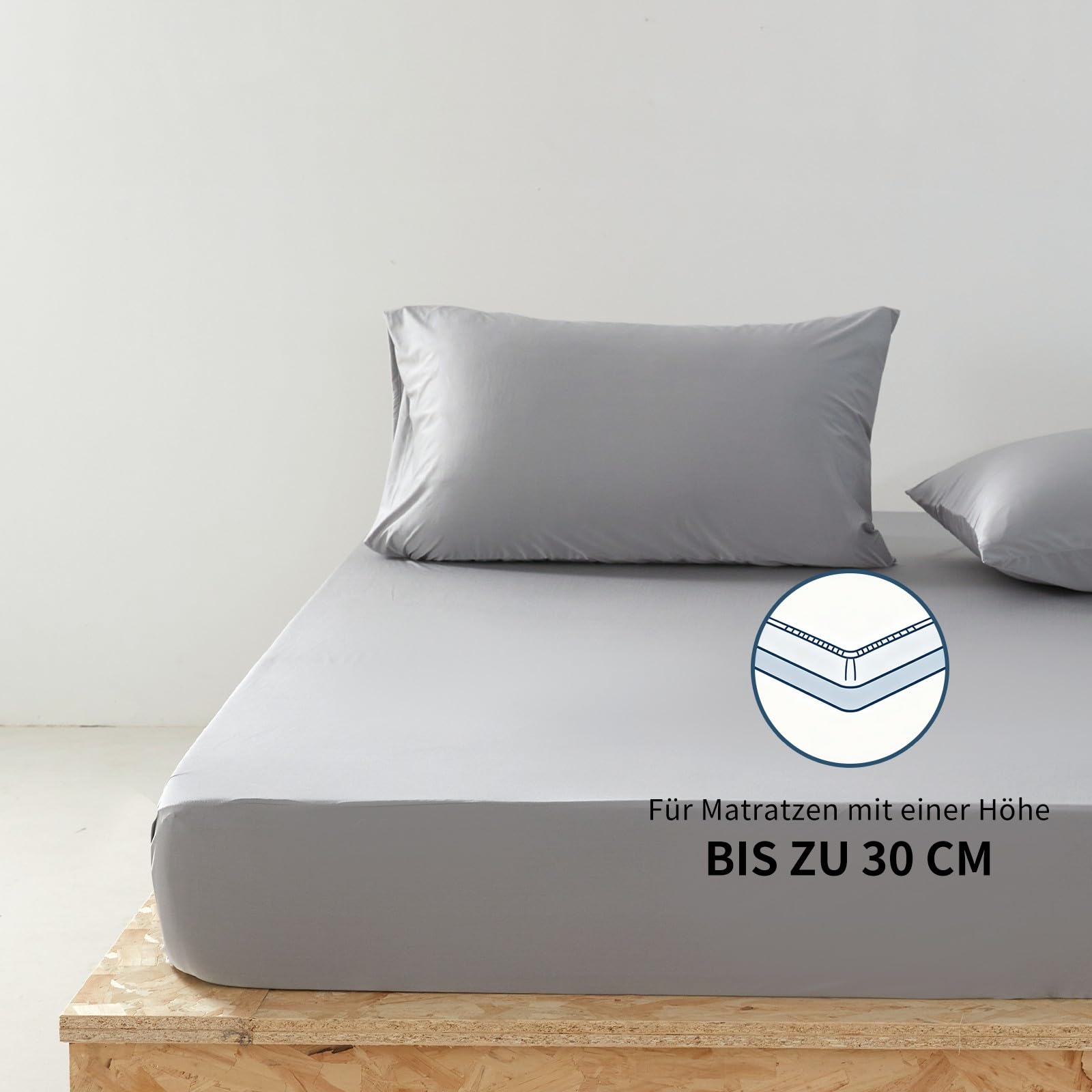 Sommer Satin Spannbettlaken Kühlend 140x200 cm Grau Hellgrau Spannbetttuch 90% Nylon + 10% Elastan，Q-Max > 0,4, Elastisches Bettlaken bis 30cm Matratzenhöhe, für Nachtschweiß & Warme Schläfer