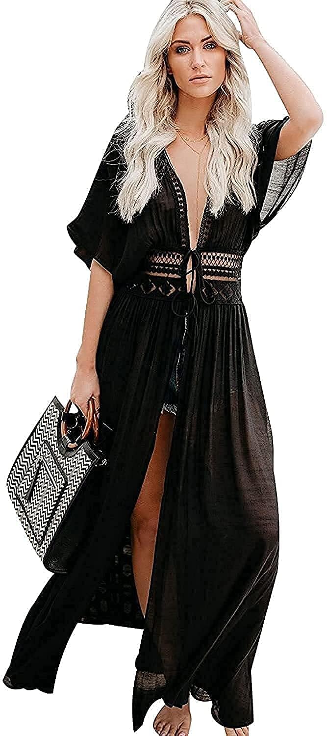 Cover Ups for Women - Beachwear Maxi Dress, Long Beach Dress, Swimwear Swimsuit Bikini Plus Size (Color: Black, Size: Small)