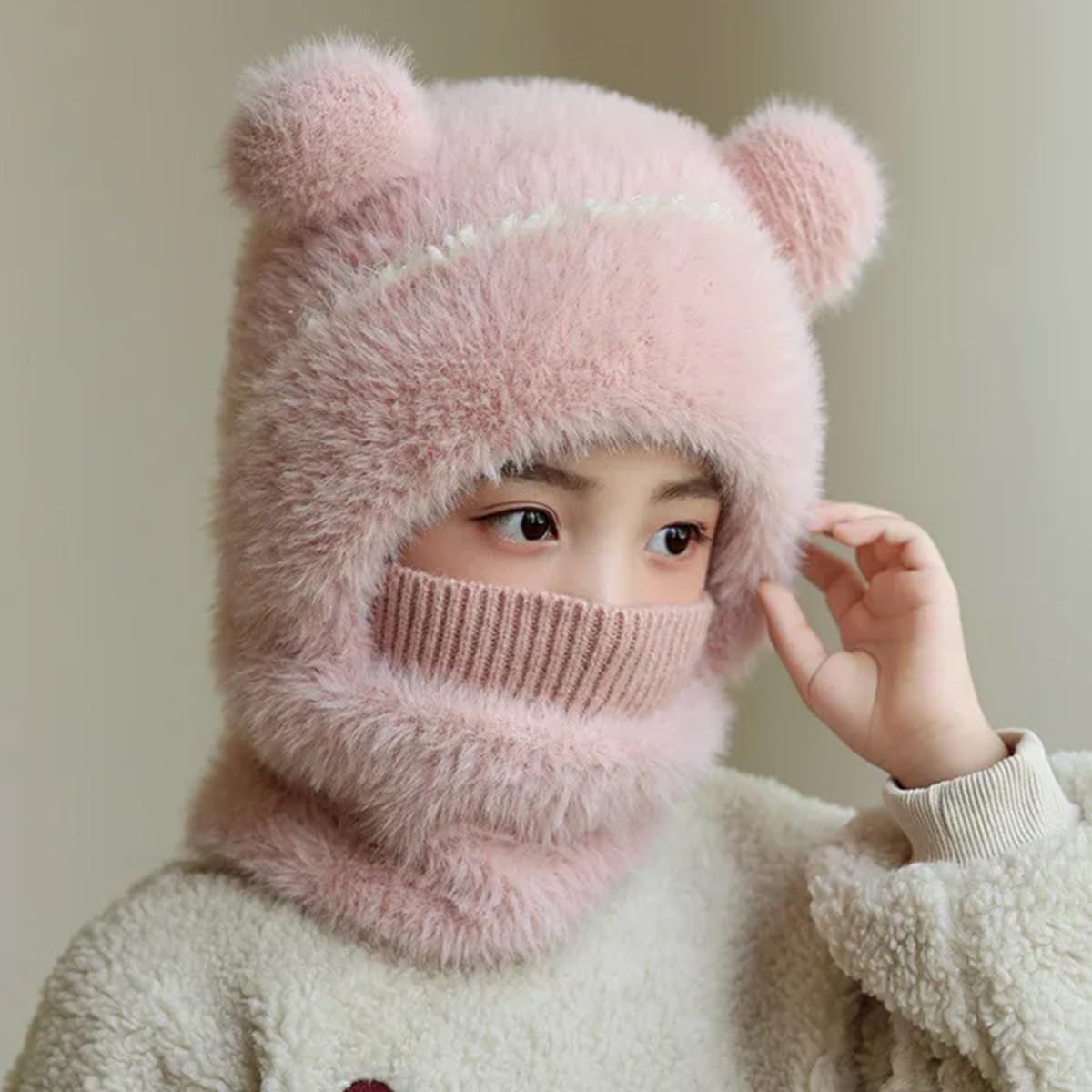 Bonnet écharpe Chaud et Moelleux pour Enfants, Ensemble de Chapeaux de Protection des Oreilles d'hiver pour Petite Fille et garçon, Bonnets à Pompons
