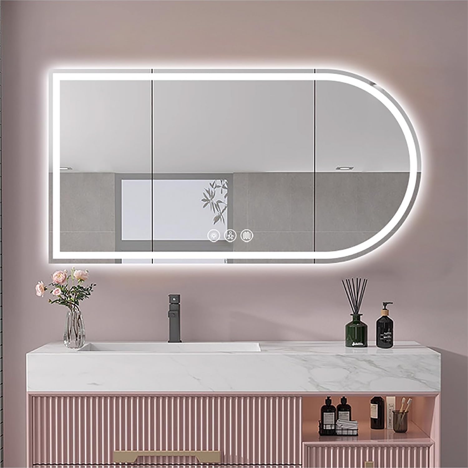 SXFSDOU Wall Mounted Bathroom Mirror, Modern LED Dimmable Vanity Mirror with Frontlit and Backlit, Anti-Fog, 3 Color Modes, Ideal for Home Decor