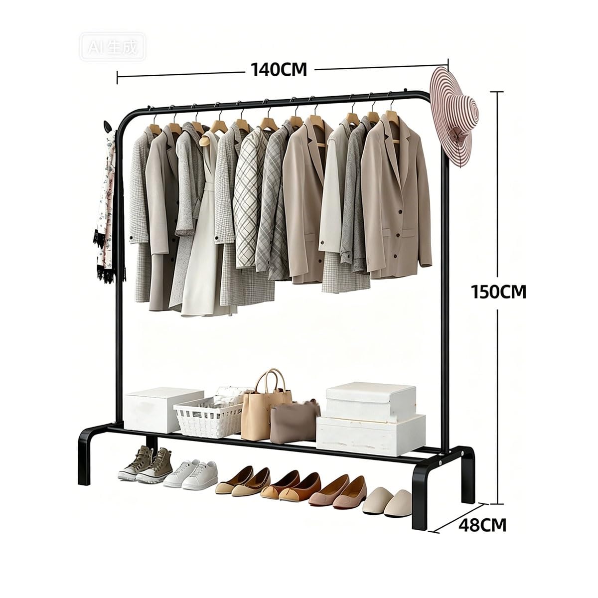 Freistehender Kleiderständer aus Metall, Aufbewahrungsregal, Rollen, tragbarer Kleider-Organizer, Zuhause, Schlafzimmer, 140 cm