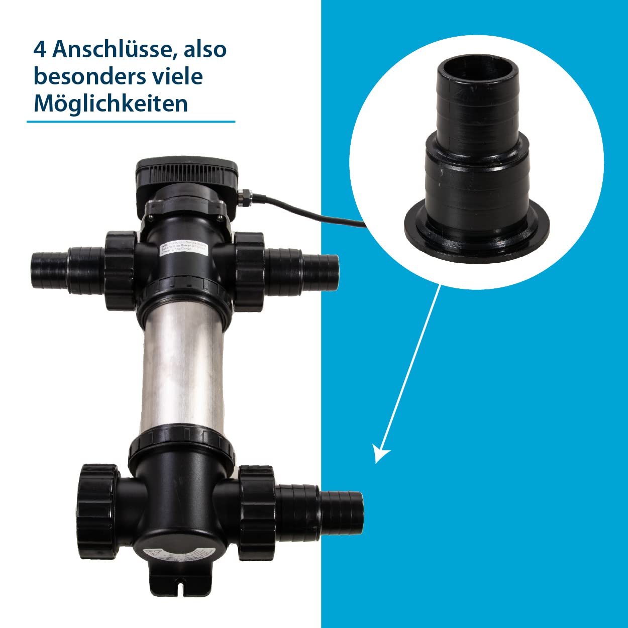 AQUAFORTE SUV-724 RVS UV-C, PL 24 W, Lunghezza 458 mm, Dimensione ottima del laghetto 40 m3, Portata Consigliata 5 m3 ⁄h, Pressione ottima 1,0 Bar, con 4 nippli da 38/50 mm, 4 connettori A.G