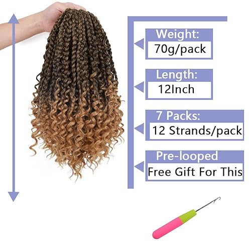 Miniatura 2 de Bohomian - Trenzas de caja de cabello sintético de ganchillo de 12 pulgadas, 7 paquetes de extensiones de cabello sintético de ganchillo