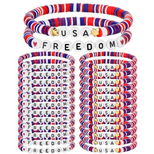 24 Pcs 250th Anniversary 4th of July Bracelets Freedom USA Patriotic USA Gift Bulk Red White Blue Independence Day Stretchable Bracelets 4th of July Procession Accessories Party Favors for Women Men by Tondiamo - Used condition - US$8.19