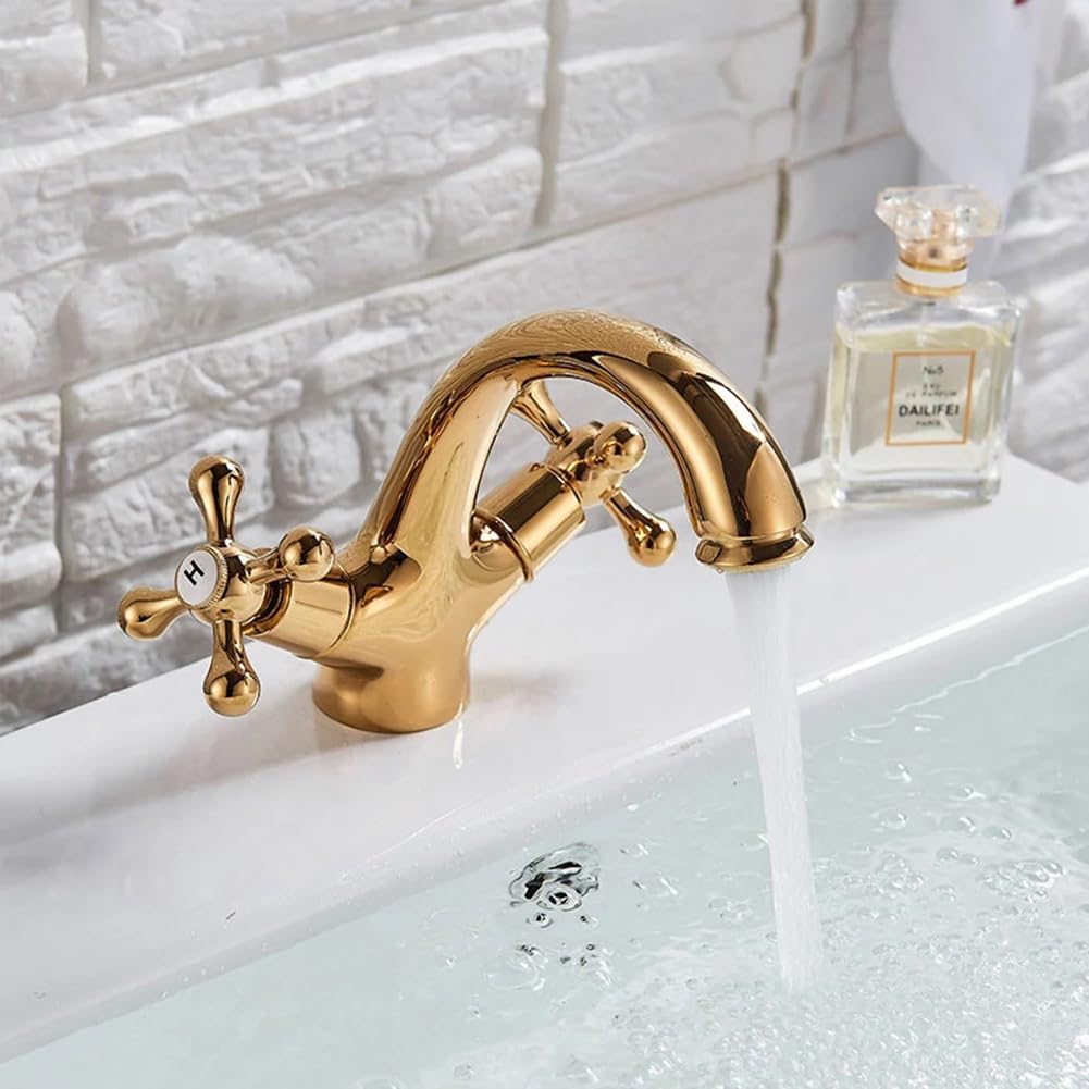 Grifo De Baño Grifo De Lavabo, Vintage Retro Estilo Latón Dos Mandos Mezclador De Lavabo, Ajustable Para Agua Fría Y Caliente, Oro