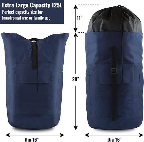Miniatura 9 de Bolsa de lavandería extra grande de 125 litros con correas para el hombro, diseño ajustable y extensible, bolsa de lavandería con 3 bolsillos para