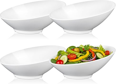 Sawysine 4 Pack 36 oz Melamine Angled Serving Bowls 10 Inch Slanted Salad Bowls White Melamine Bowl for Fruit Snacks Chip Candy Pasta Cereal Soup Prep Restaurant Holiday Wedding Party
