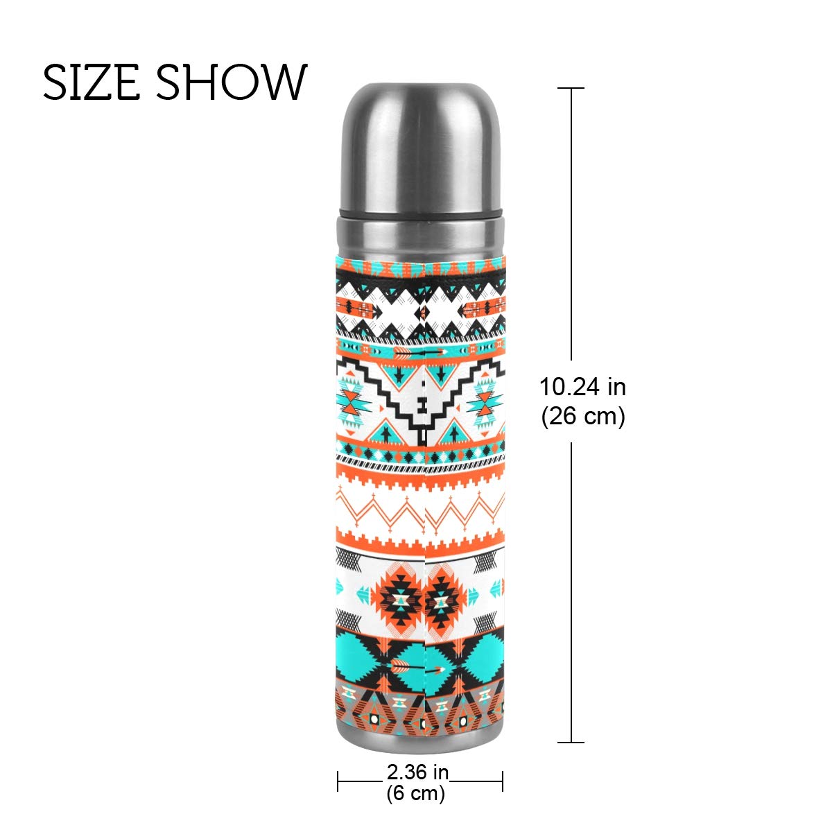 Taza de viaje aislada al vacío de acero inoxidable con doble pared a prueba de fugas, colorido, patrón azteca, impreso personalizado, termo envuelta en piel auténtica, 500 ml