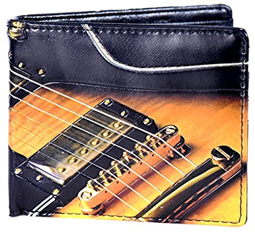 Shag Wear Men's Vegan Leather Iconic Prints Slim Bifold Wallet with 6 Credit Card Slots, Clear ID Window, and Zipper Coin Pocket, Electric Guitar