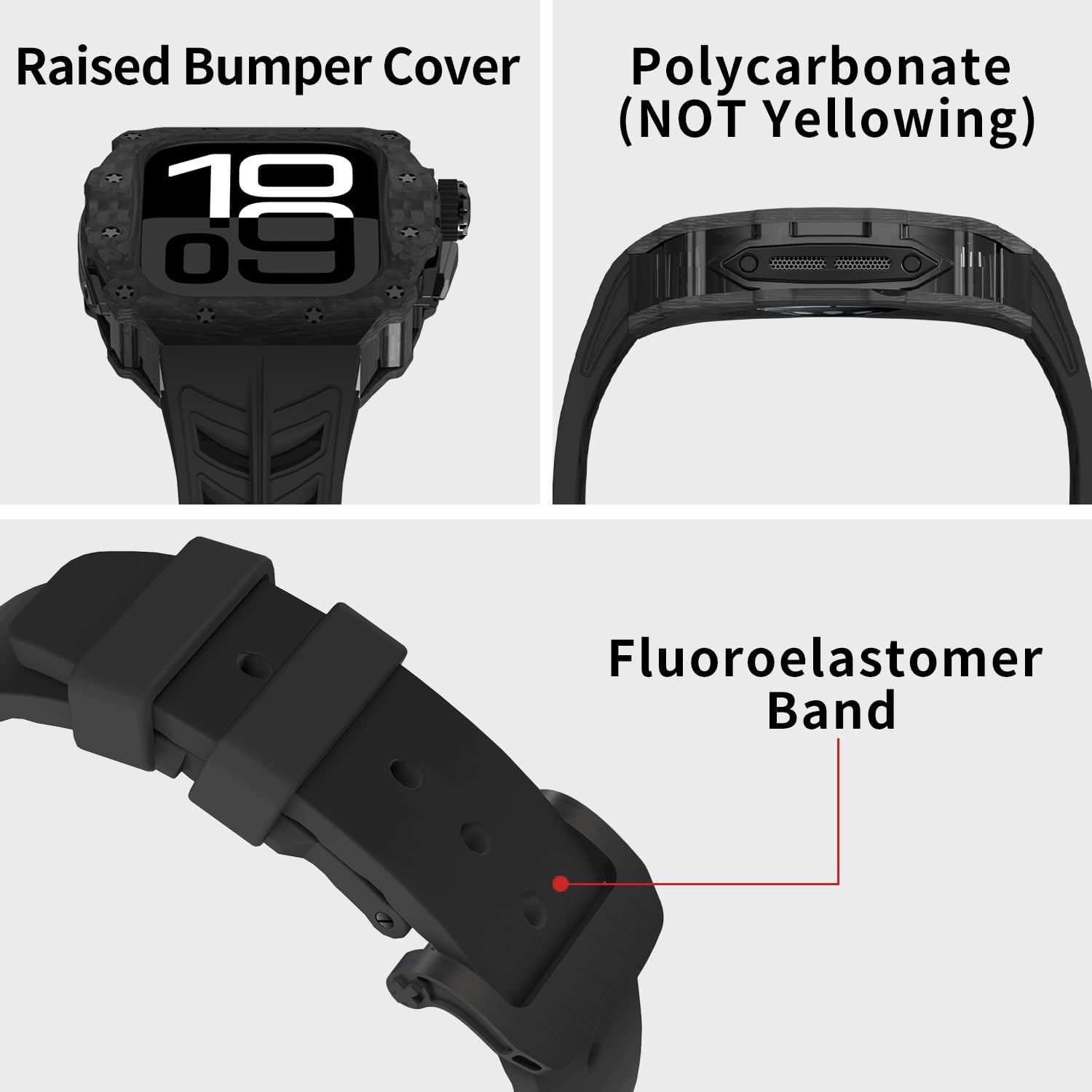 Carbon Fiber Case for Apple Watch 11/10 46mm Fluoroelastomer Band, Luxury Carbon Fiber Bumper Cover for iWatch Series 46mm Shock-Resistant Case Replacement FKM Strap (Black)