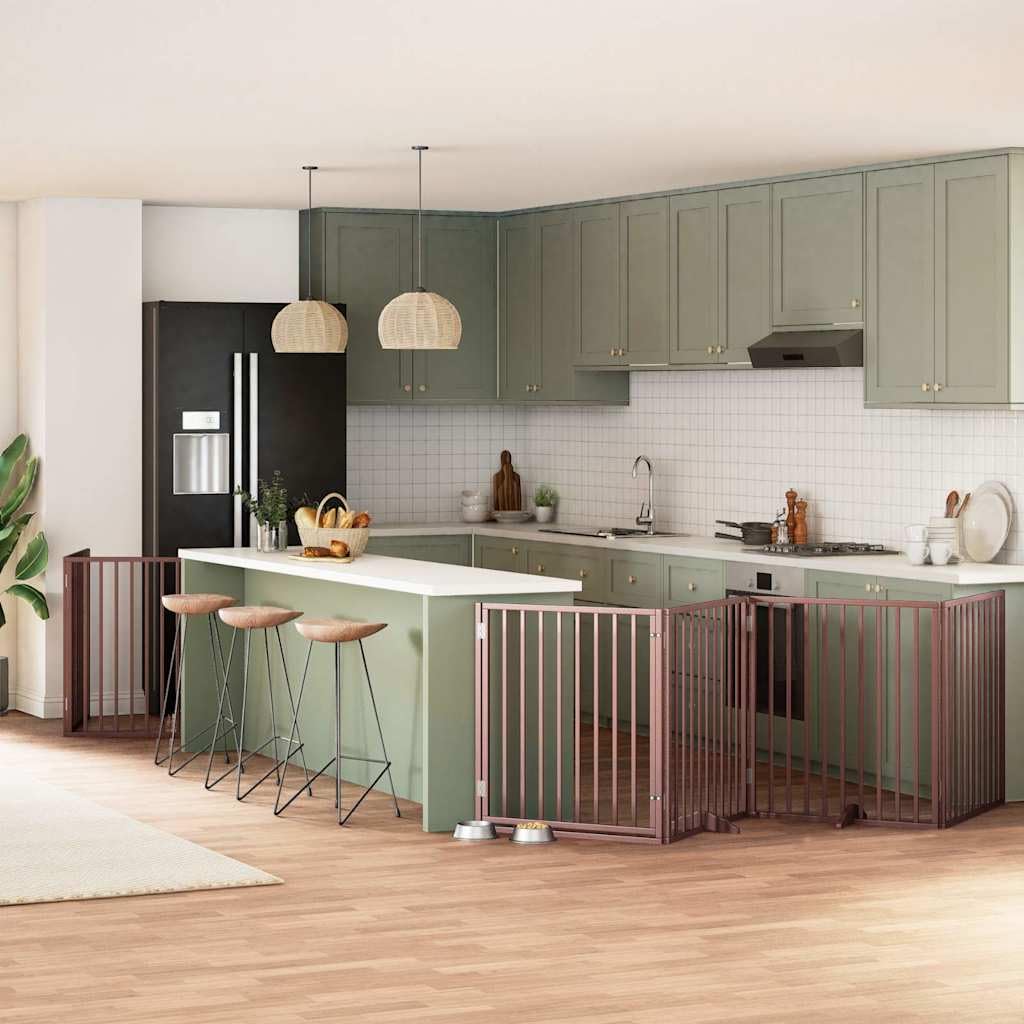 Faltbares Hundetor aus Pappelholz Braun mit Tür, 6-teiliges Absperrgitter für kleine und mittelgroße Hunde, 480 cm Laufstall, freistehend für Wohnung, Treppe und Wohnzimmer