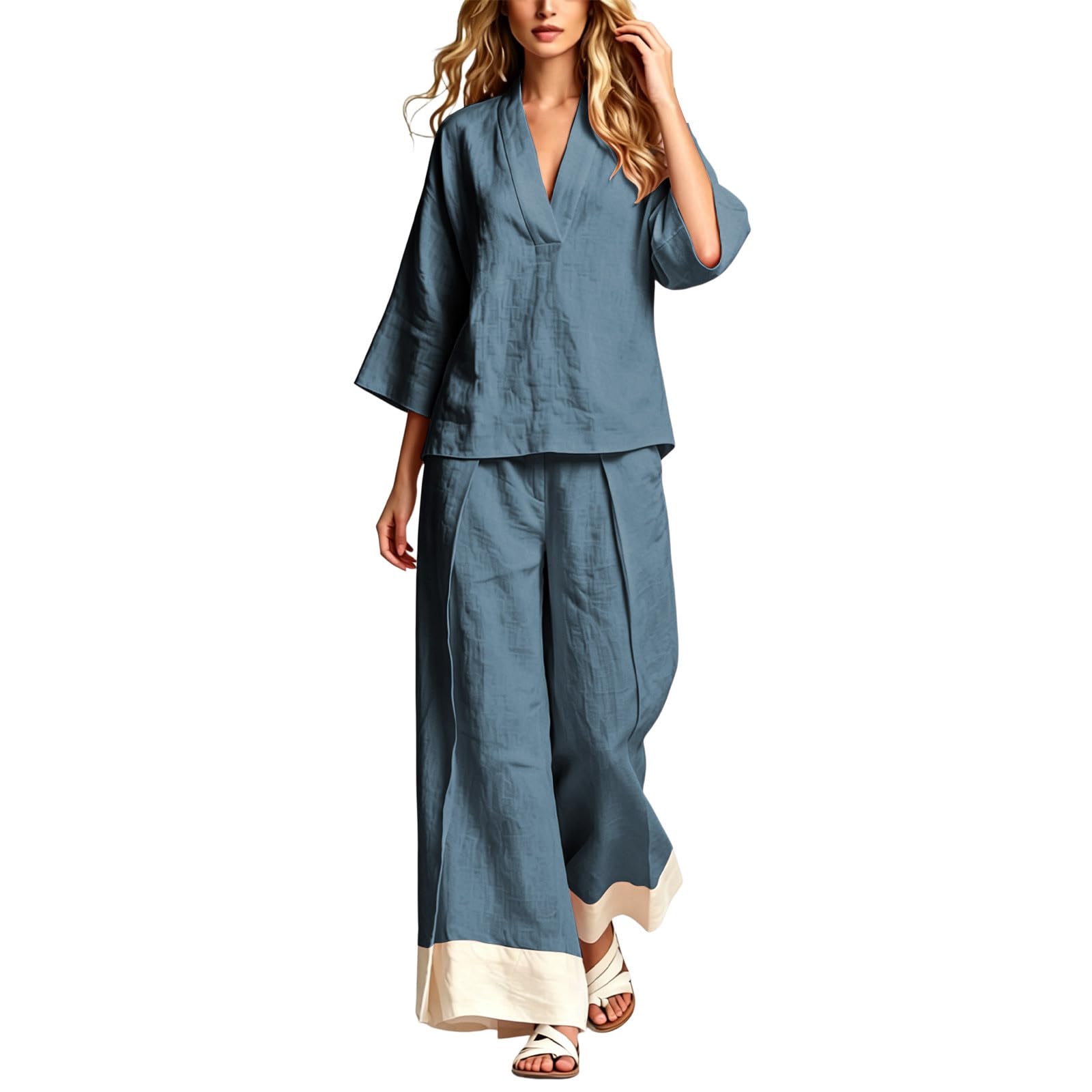 Generisch Damen Sommeroutfit mit französischem Kragen Bluse weiter Hose – leichtes atmungsaktives Set für Reise Büro Freizeit Alltag Date Shopping (Blue, S)
